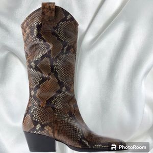 Zara Brown Snake-Print Heeled Western Boots